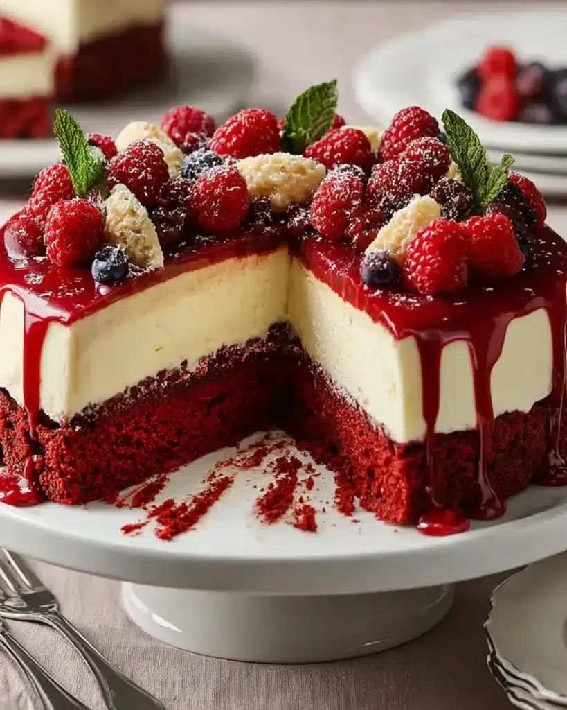 Red velvet cheesecake topped with berries and powdered sugar