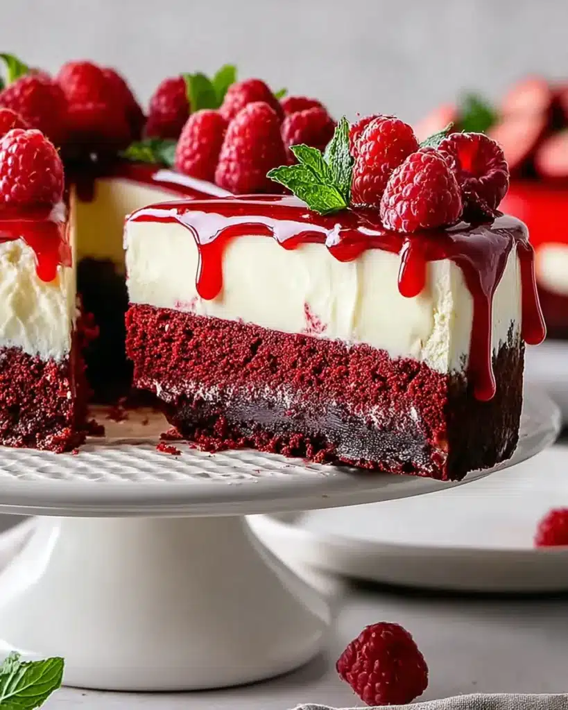 Red velvet cheesecake bliss slice with raspberries and mint garnish