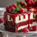 Slice of red velvet cheesecake with raspberry topping