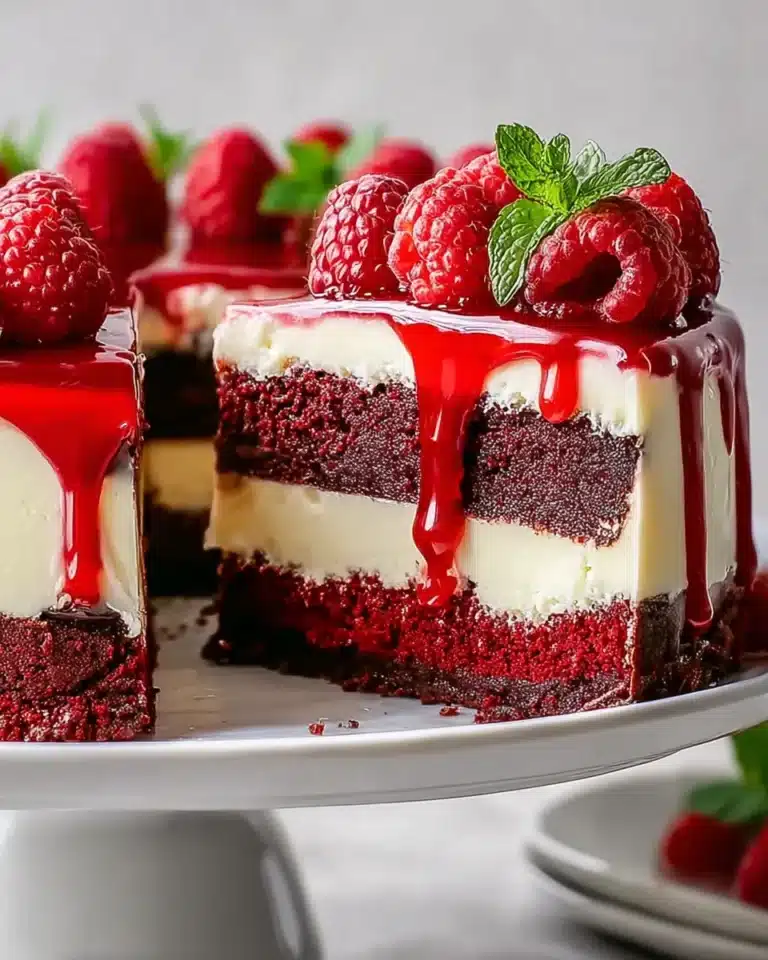 Red velvet cheesecake with raspberry topping on cake stand