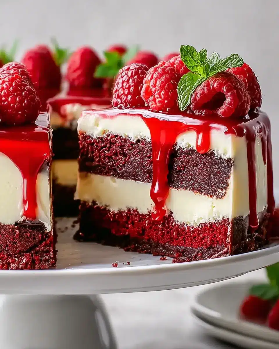 Red velvet cheesecake with raspberry topping on cake stand