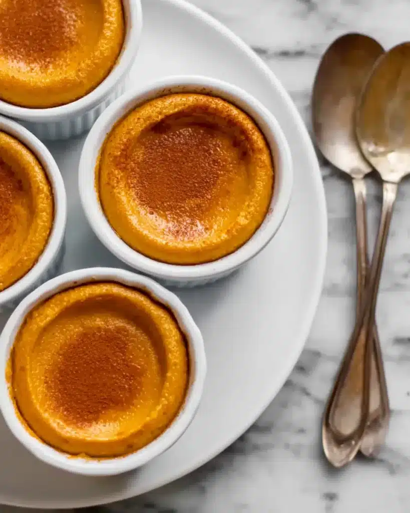 Baked pumpkin pudding in white ramekins with cinnamon topping