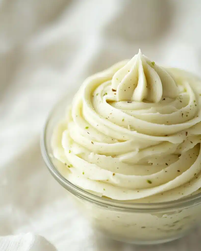 Light green vanilla pistachio frosting in glass bowl