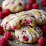 Chewy lemon raspberry cookies with icing and fresh lemon zest