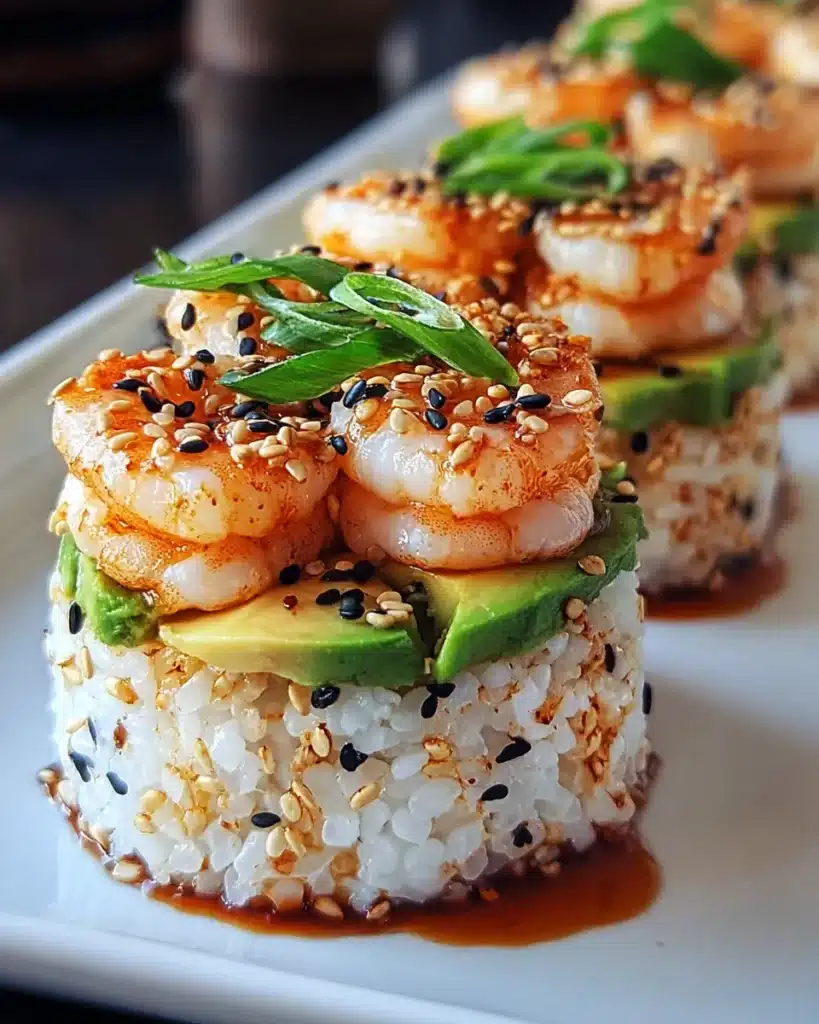 Shrimp sushi stacks with avocado, rice, sesame seeds, and soy drizzle