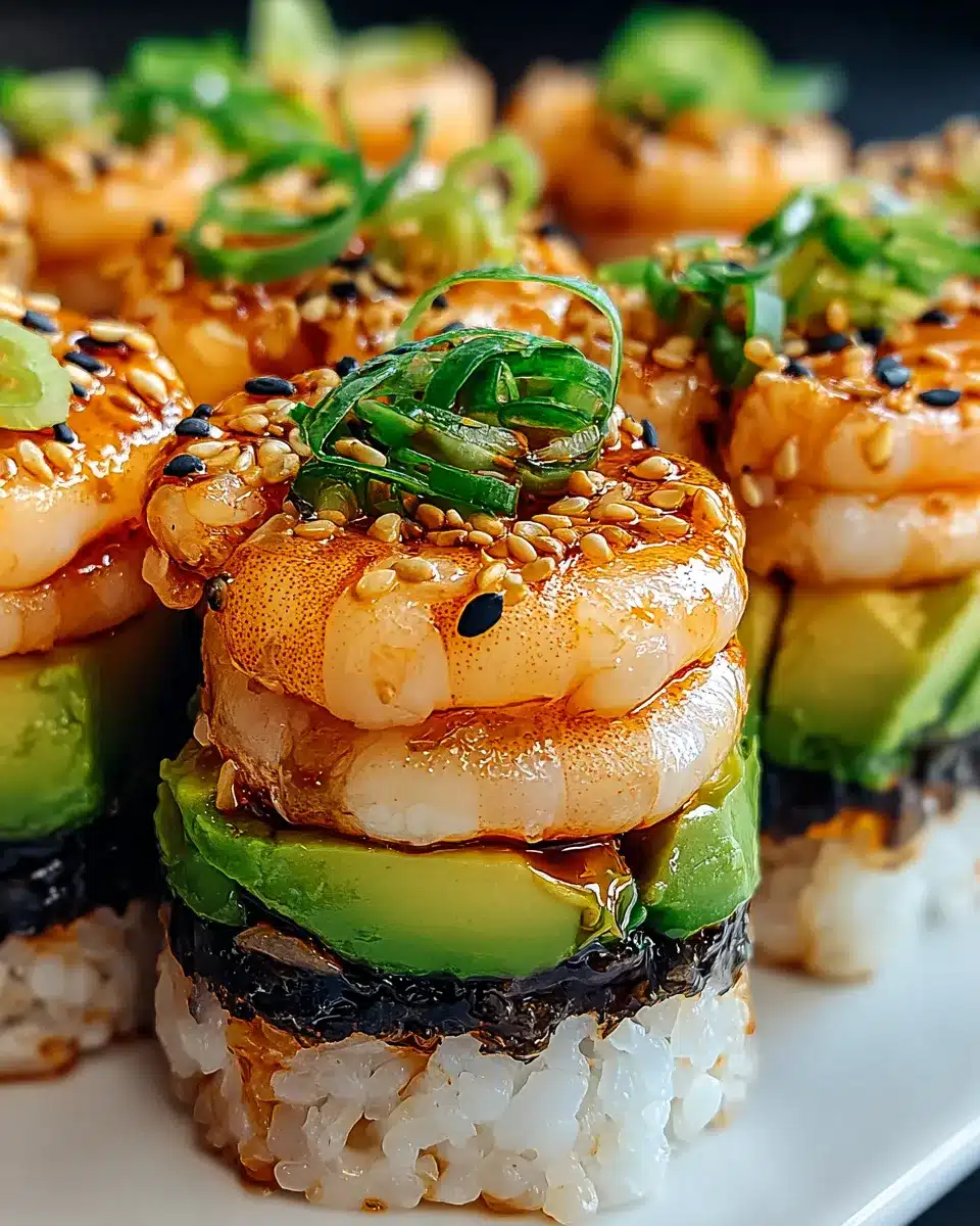 Spicy shrimp sushi stacks with avocado, rice, and sesame seeds