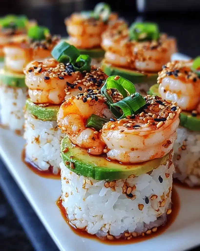 Spicy shrimp sushi stacks with avocado, rice, sesame seeds, and scallions