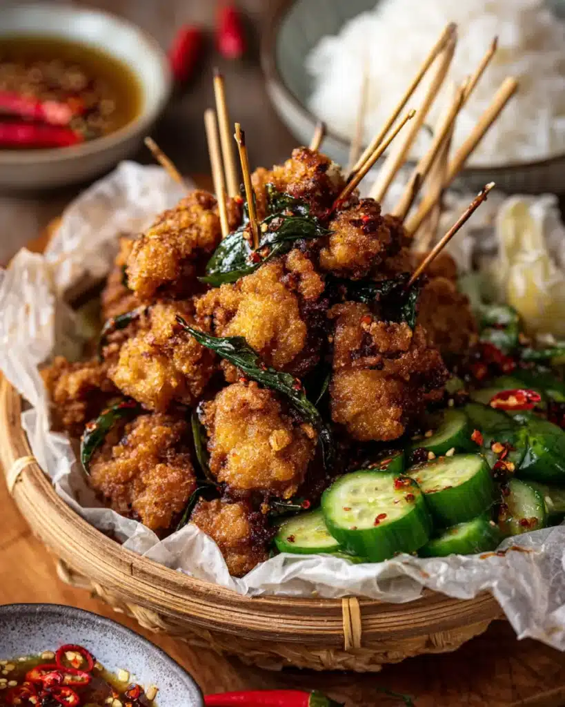 Taiwanese popcorn chicken skewers with Thai basil and cucumber slices in a basket.