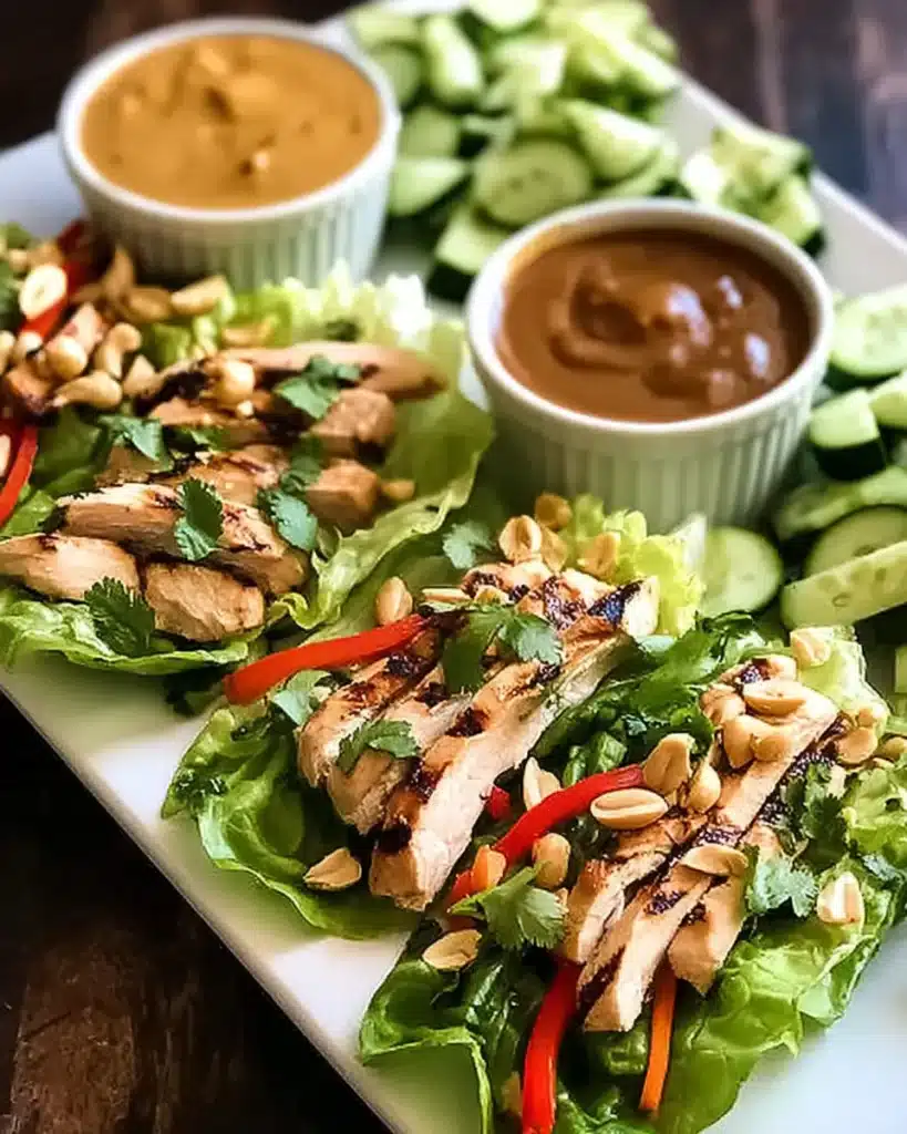 Thai grilled chicken lettuce wraps with peanut sauce and fresh cucumber.