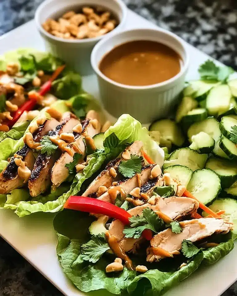 Grilled Chicken Thai Salad Wraps bring together juicy marinated chicken, crunchy vegetables, and a luscious peanut dressing, all wrapped in tender lettuce leaves. Perfect for a light yet satisfying meal, they offer authentic Thai street food flavors in a quick, healthy, and restaurant-quality dish you can make at home.