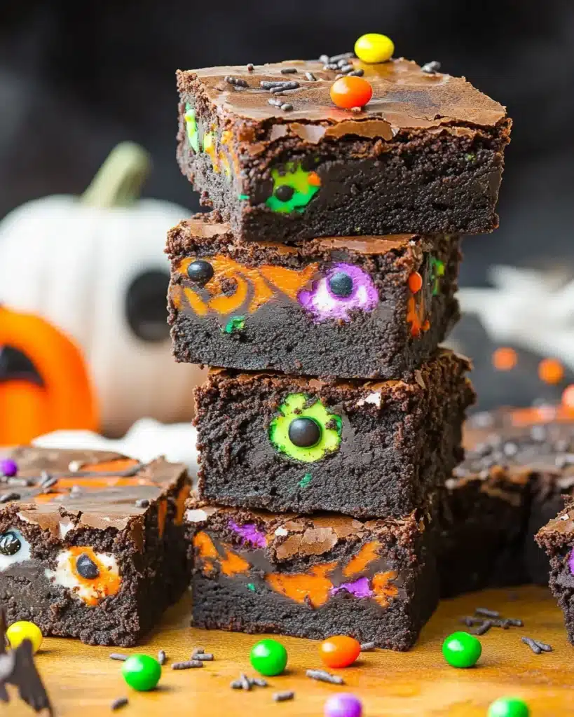 Stack of Halloween cream cheese swirl brownies with colorful eyeball designs