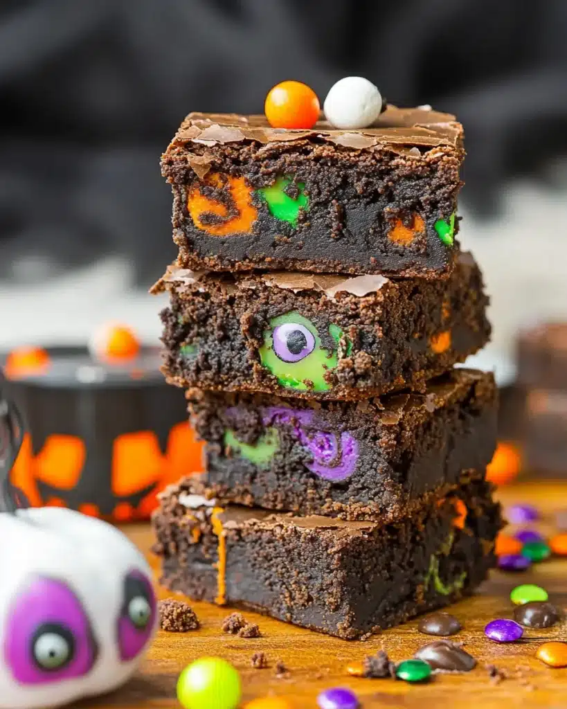 Fudgy Halloween brownies with colorful swirls and candy eyeballs stacked on wood board