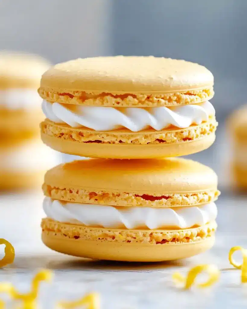 Close-up of lemon meringue macaron with lemon curd and whipped meringue filling