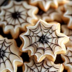 Halloween cookies decorated with black chocolate spider webs on white icing