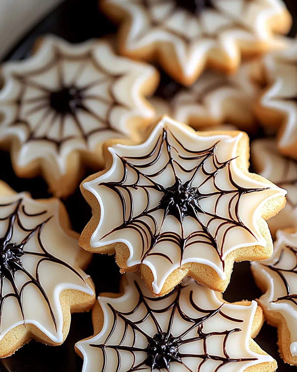 Halloween cookies decorated with black chocolate spider webs on white icing