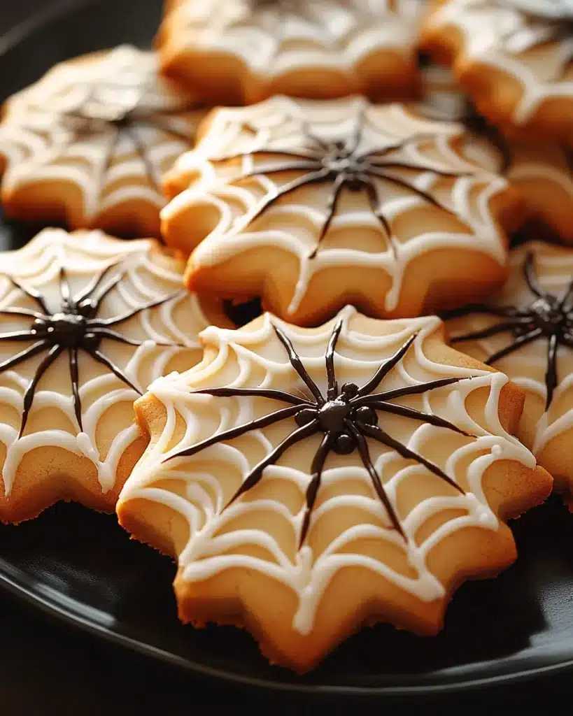 Spider web cookies with white icing and chocolate web design on a dark plate
