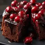 Sliced chocolate cherry upside down cake with glossy cherry topping
