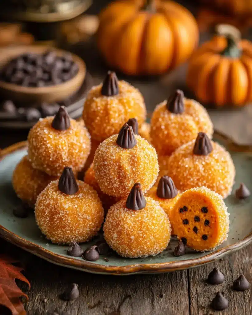 Pumpkin cheesecake truffles with chocolate chip centers and sugar coating on a rustic plate.