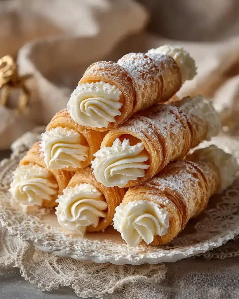 Pile of Lady Locks filled with piped vanilla buttercream and powdered sugar