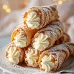 Holiday cream horn cookies with buttercream filling on lace plate