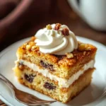 Nut-topped creamy coffee cake slice with raisins and whipped cream