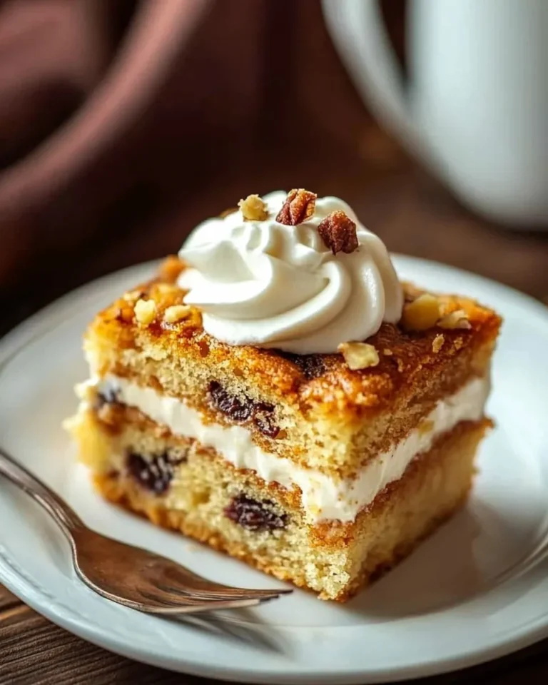 Nut-topped creamy coffee cake slice with raisins and whipped cream