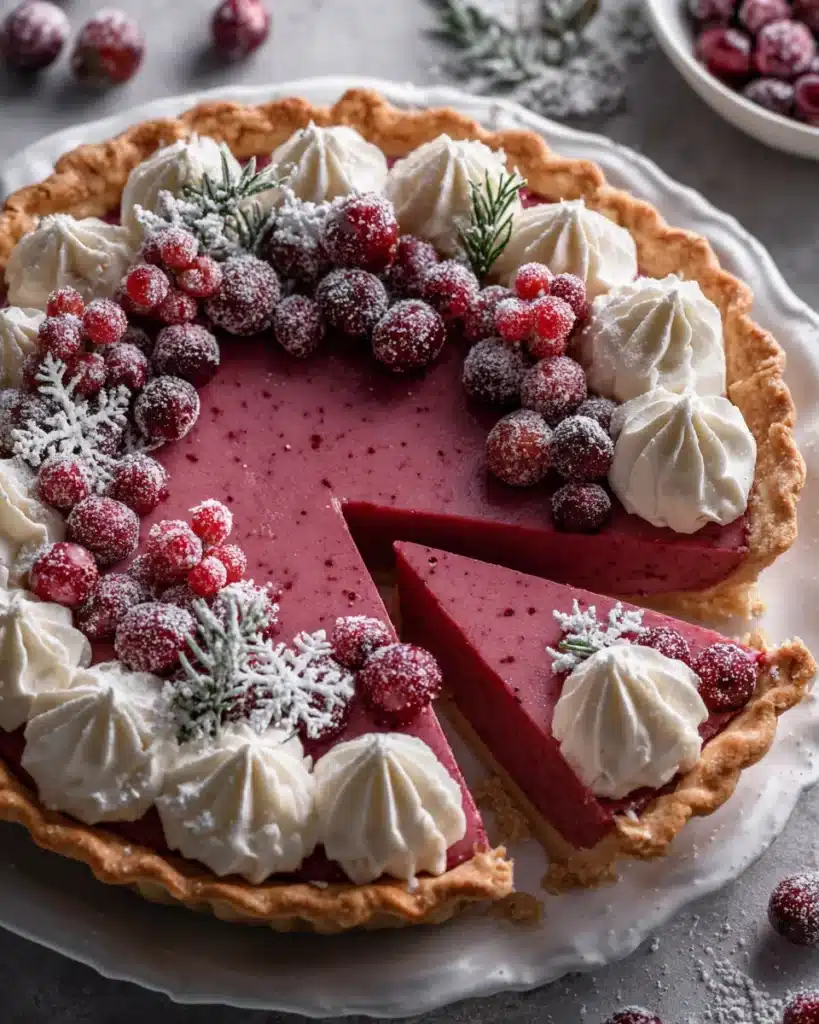 Whole cranberry custard pie with whipped cream and sugared cranberry topping.