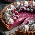 Slice missing from cranberry custard pie with sugared cranberries and whipped cream.