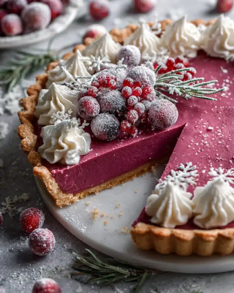 Cranberry custard pie topped with whipped cream, sugared cranberries, and rosemary.