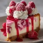 Slice of no-bake raspberry cheesecake with whipped cream and fresh raspberries