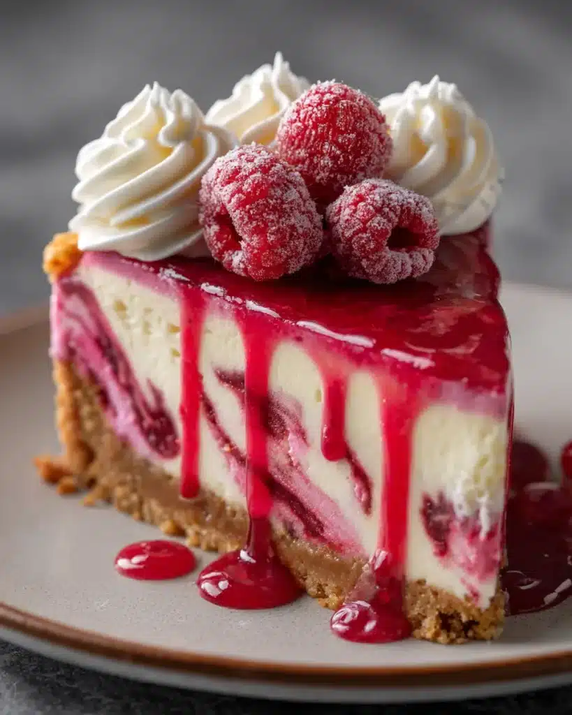 Raspberry swirl cheesecake slice with berry glaze and whipped cream
