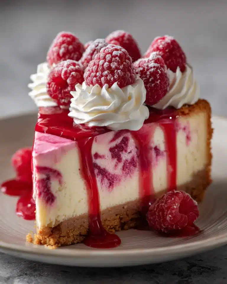 Slice of pink velvet raspberry cheesecake with raspberry glaze and whipped cream