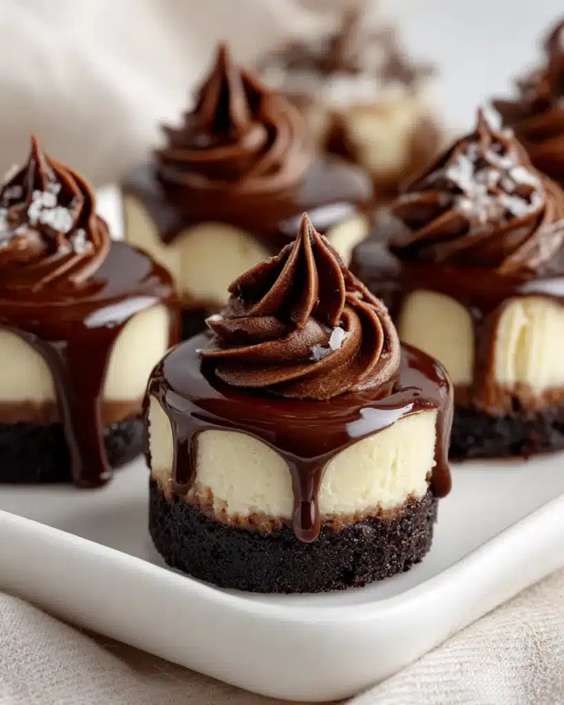 Mini cheesecakes with chocolate crust, ganache drizzle, and piped chocolate topping