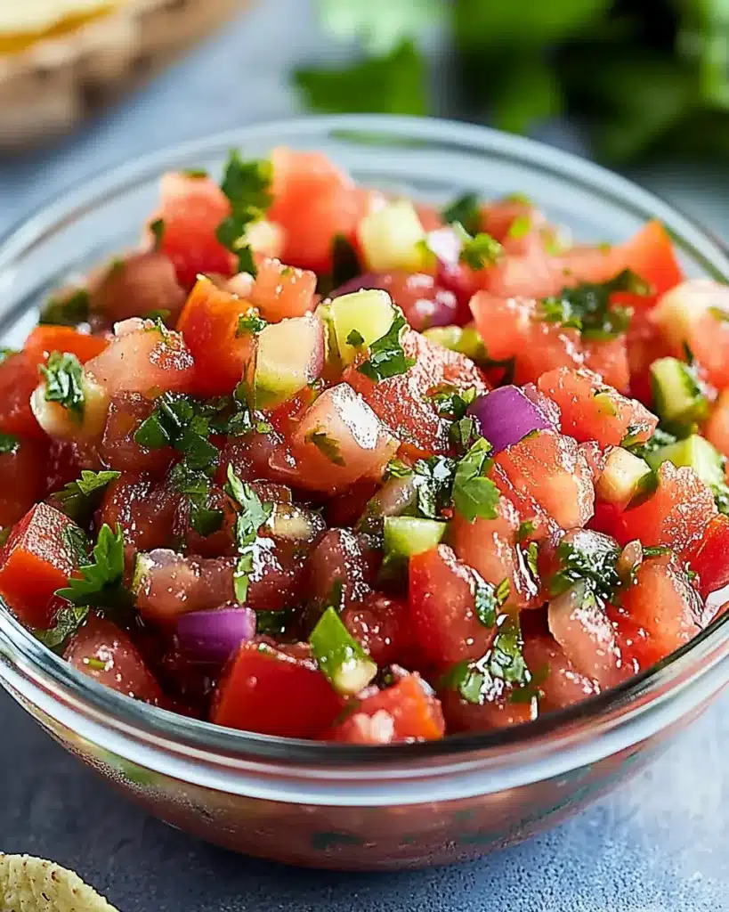 Fresh tomato salsa with cilantro, jalapeño, and red onion in glass bowl