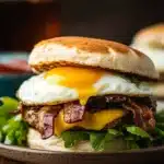 Gourmet brunch burger with bacon, egg, cheddar, and greens on toasted muffin