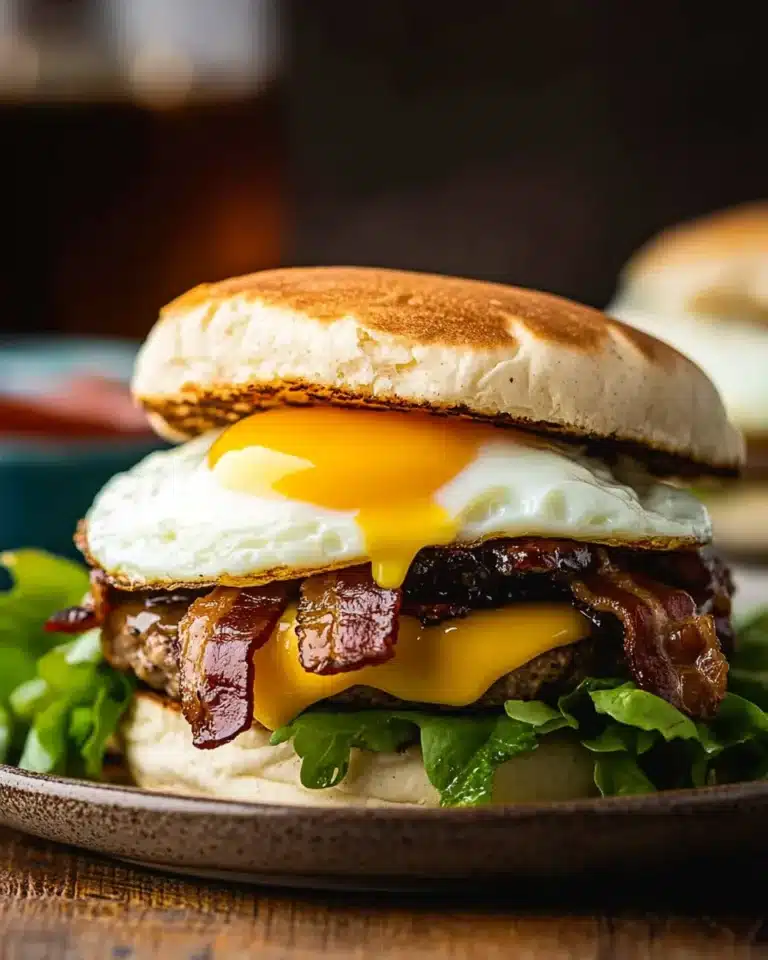Gourmet brunch burger with bacon, egg, cheddar, and greens on toasted muffin