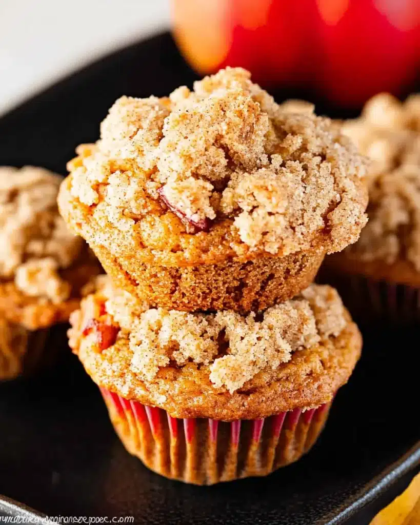 Stack of homemade apple pumpkin muffins with cinnamon streusel topping.