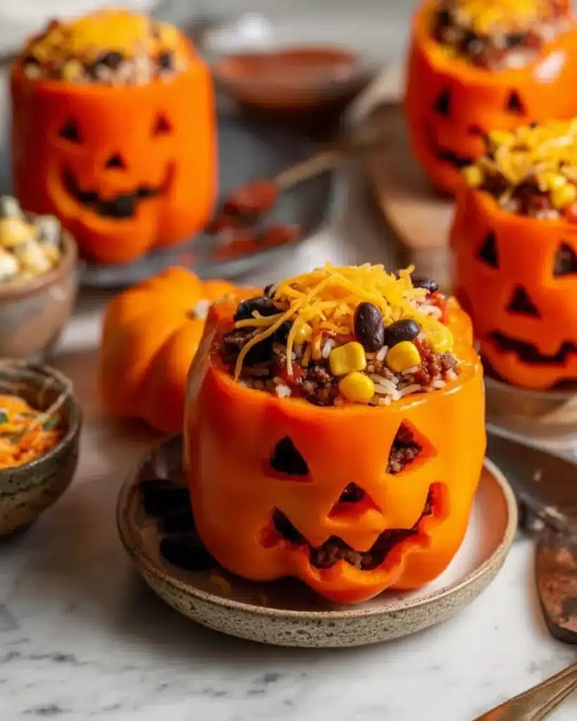 Carved jack-o’-lantern bell peppers stuffed with beef, rice, beans, and cheese for Halloween