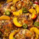 Skillet with chicken thighs, peaches, and jalapeno slices