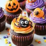 Chocolate cupcakes with jack-o’-lantern spider toppers and swirl frosting