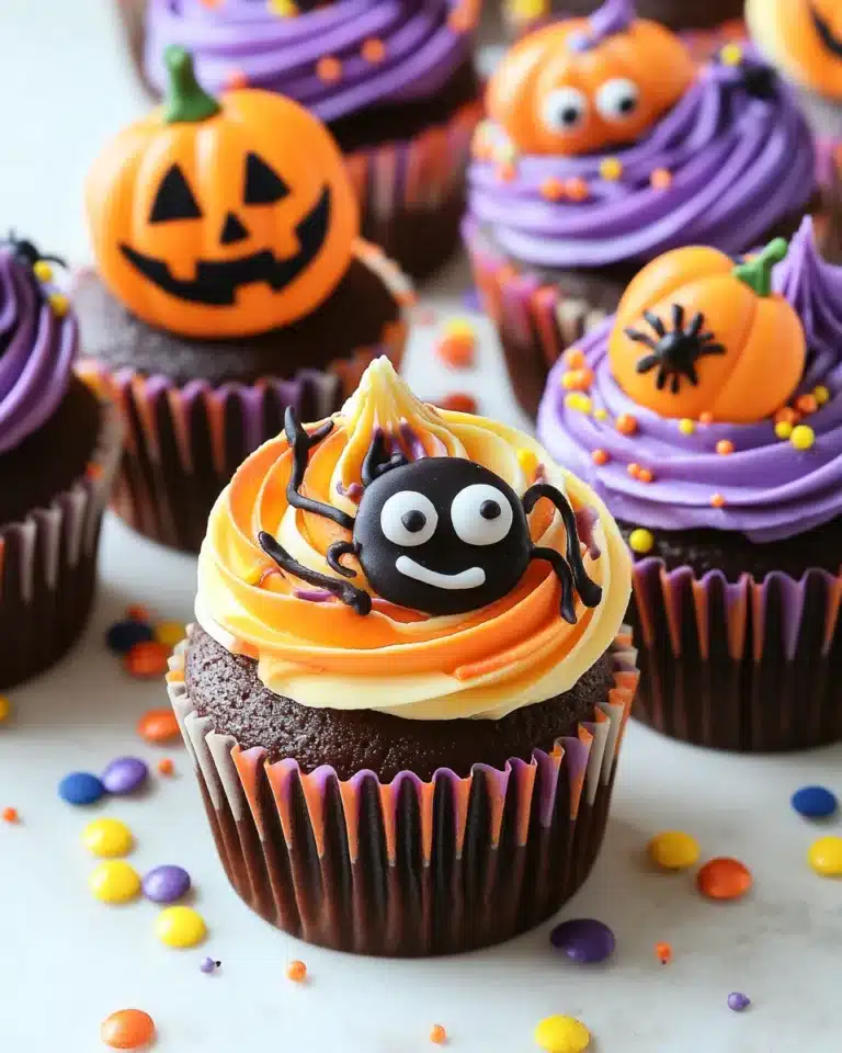 Chocolate cupcakes with jack-o’-lantern spider toppers and swirl frosting