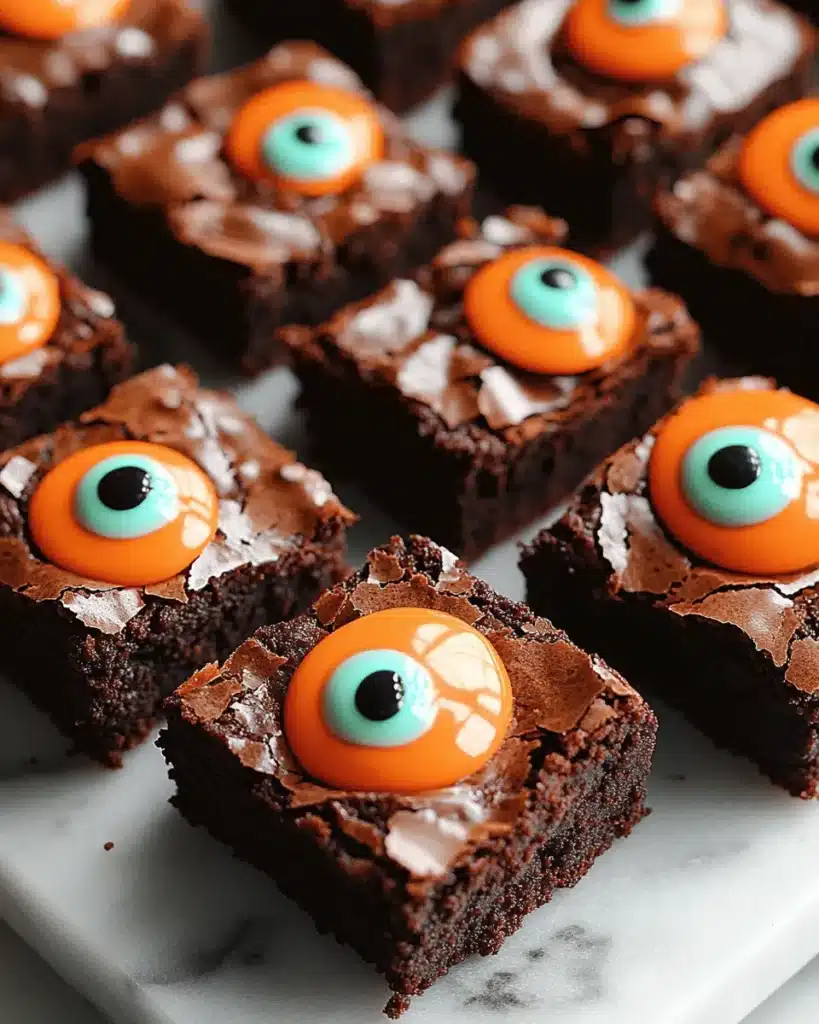 Close-up of Halloween brownies with large candy eyes and crackled tops.