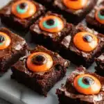 Halloween brownies topped with orange candy eyeballs on a marble board.