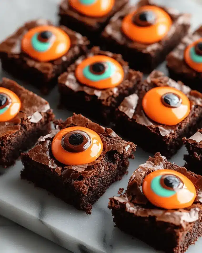 Halloween brownies topped with orange candy eyeballs on a marble board.