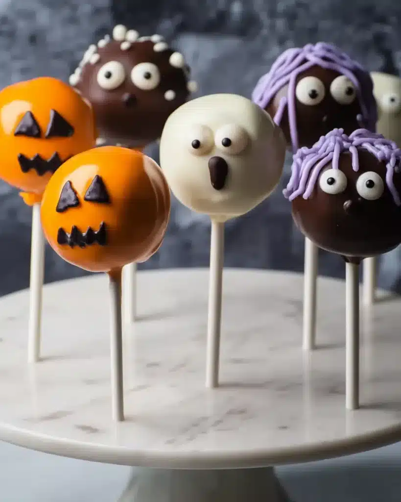 Spooky pumpkin, ghost, and monster Halloween cake pops on display