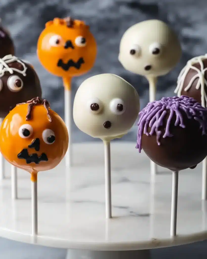 Halloween cake pops decorated as pumpkins, ghosts, and monsters