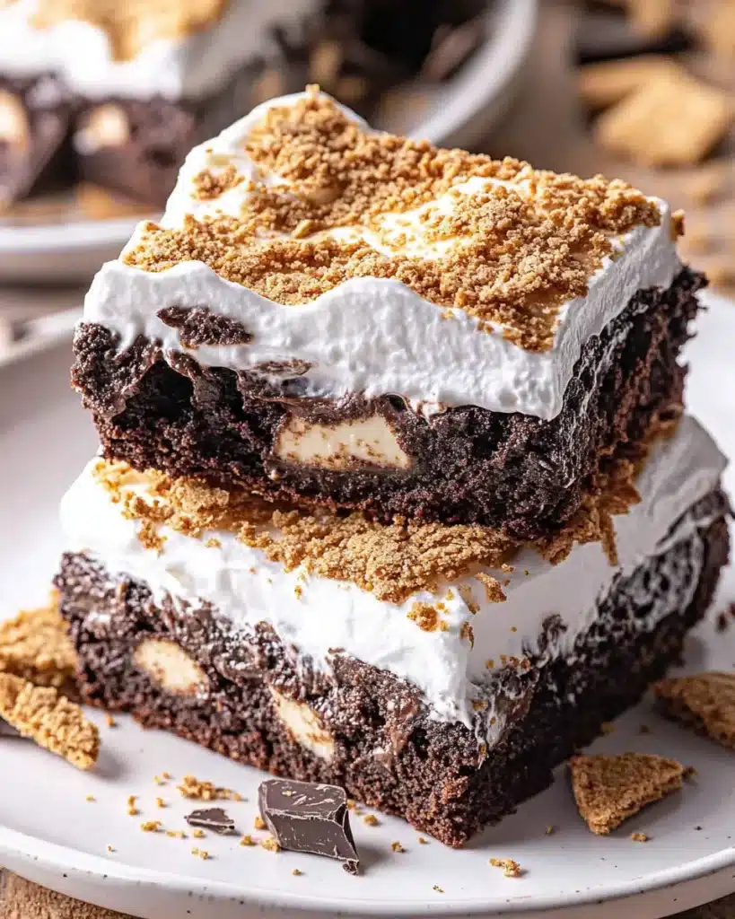 Fudgy s’mores brownies with graham cracker crumbs and fluffy meringue