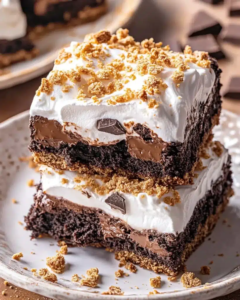 Layered s’mores brownies with graham cracker crust and chocolate chunks
