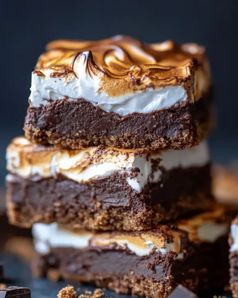 Toasted s’mores brownies with golden Swiss meringue and graham crust