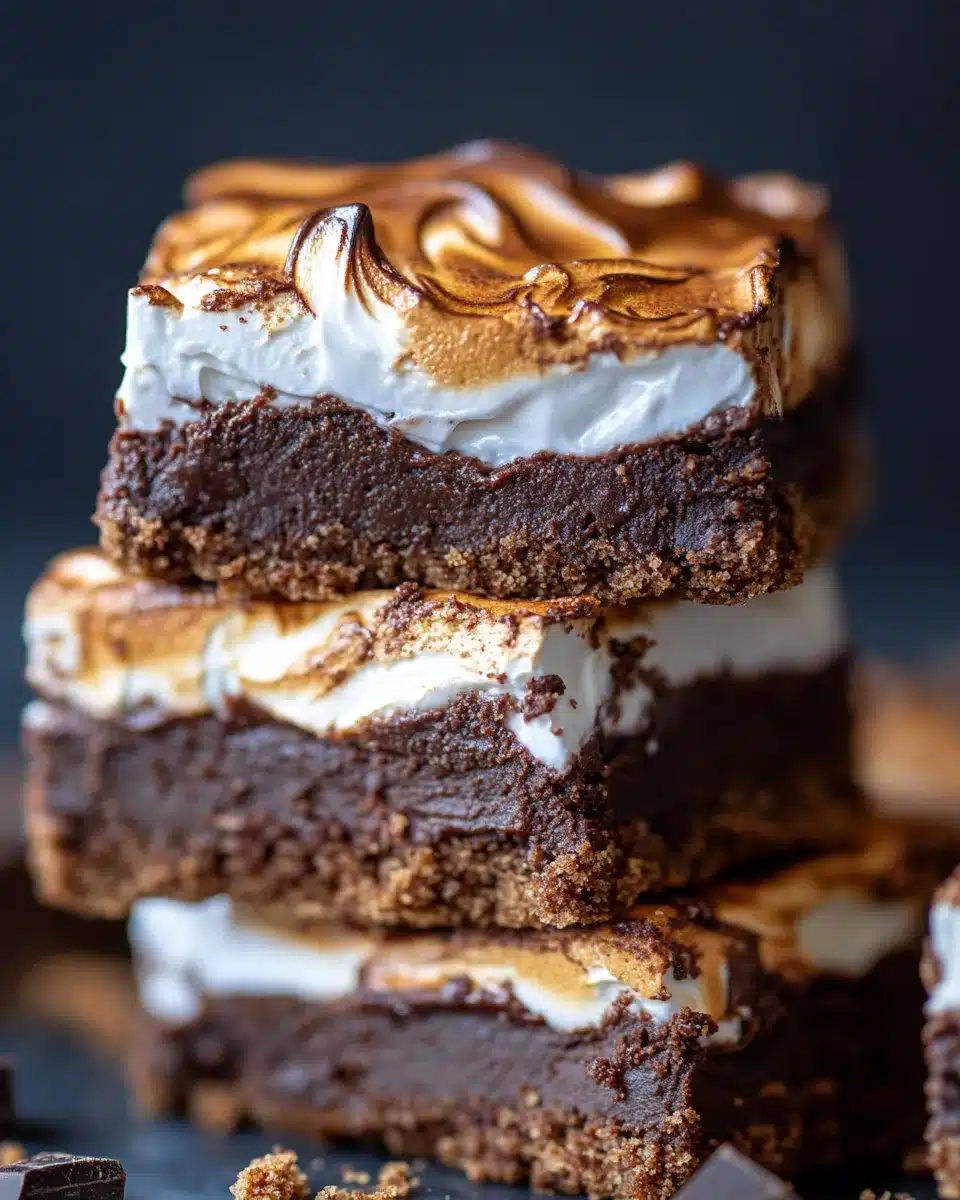 Toasted s’mores brownies with golden Swiss meringue and graham crust